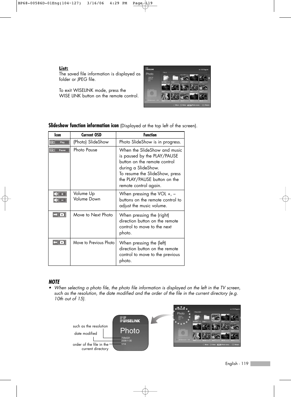 Photo, Slideshow function information icon | Samsung HLS4266WX-XAA User Manual | Page 119 / 132