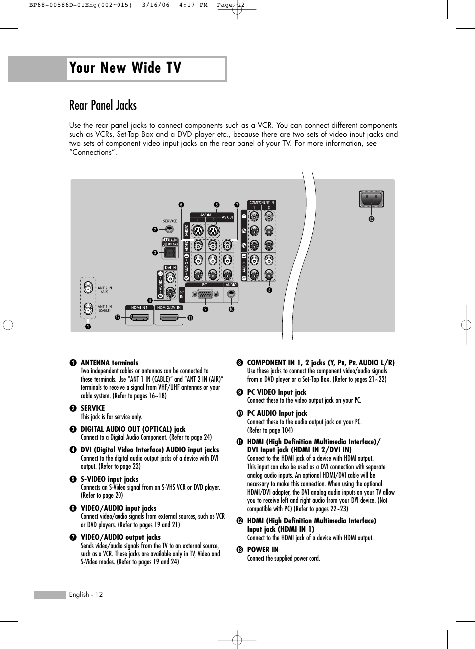 Rear panel jacks, Your new wide tv | Samsung HLS4266WX-XAA User Manual | Page 12 / 132