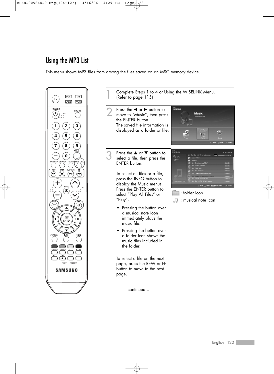 Using the mp3 list | Samsung HLS4266WX-XAA User Manual | Page 123 / 132