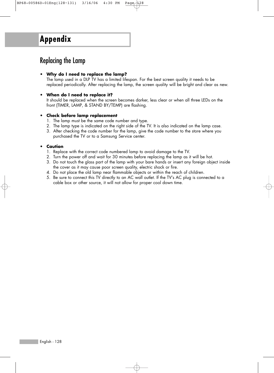Appendix, Replacing the lamp | Samsung HLS4266WX-XAA User Manual | Page 128 / 132