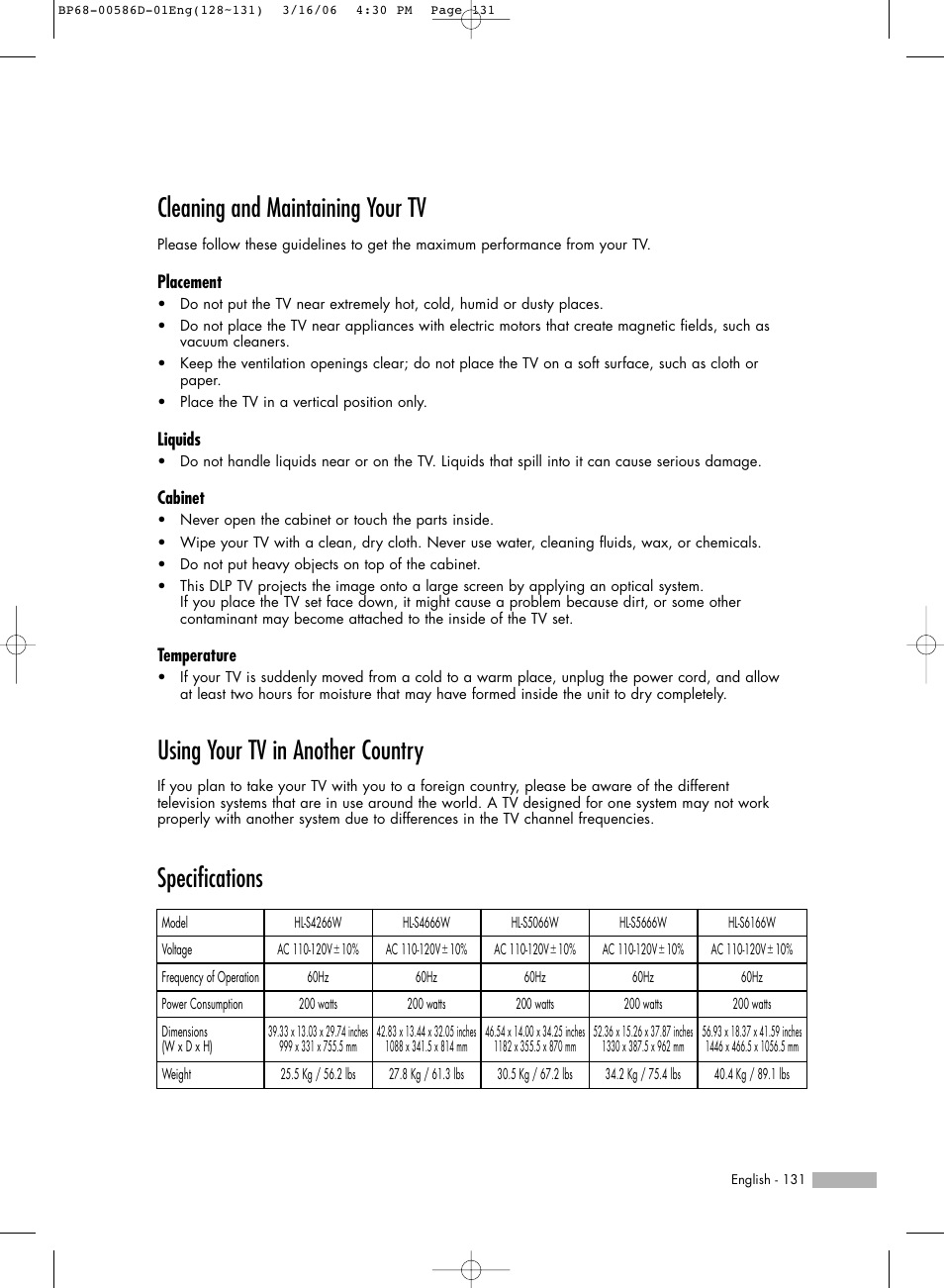Cleaning and maintaining your tv, Using your tv in another country, Specifications | Samsung HLS4266WX-XAA User Manual | Page 131 / 132
