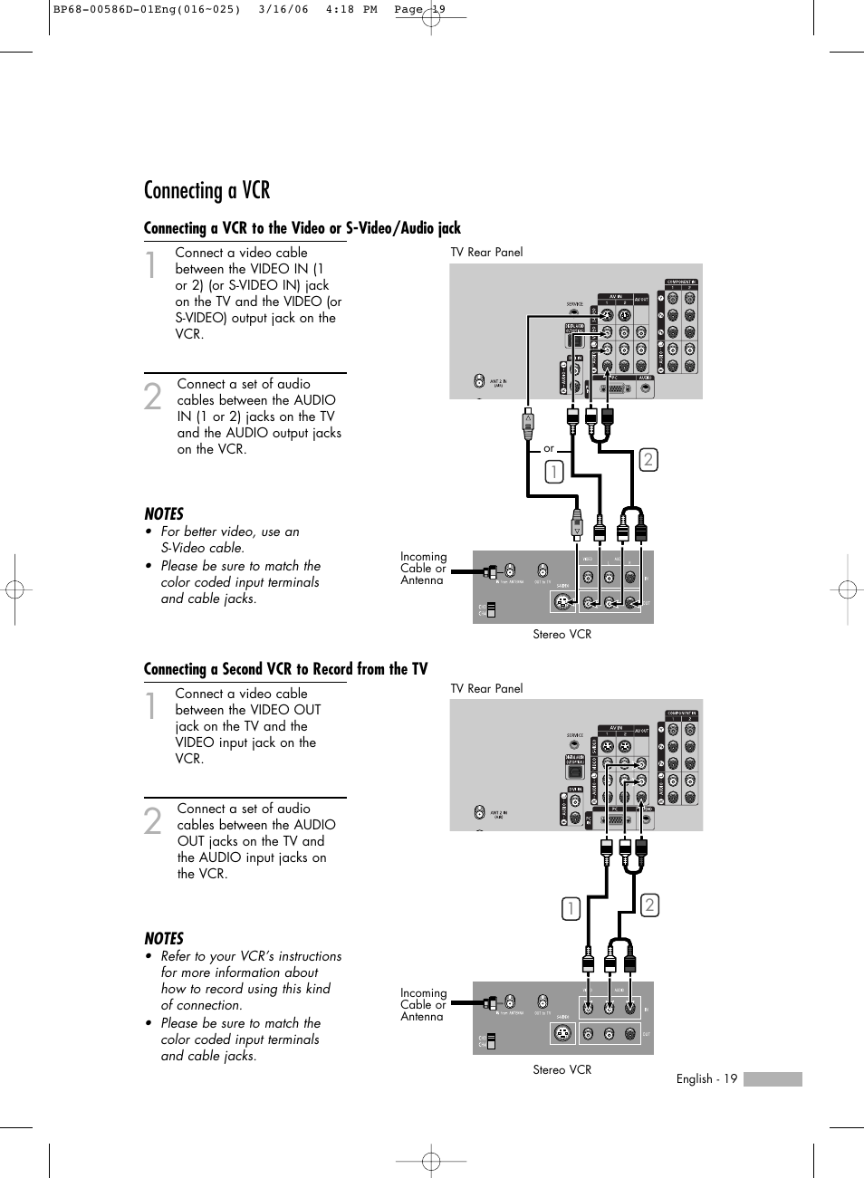 Connecting a vcr, Connecting a second vcr to record from the tv | Samsung HLS4266WX-XAA User Manual | Page 19 / 132