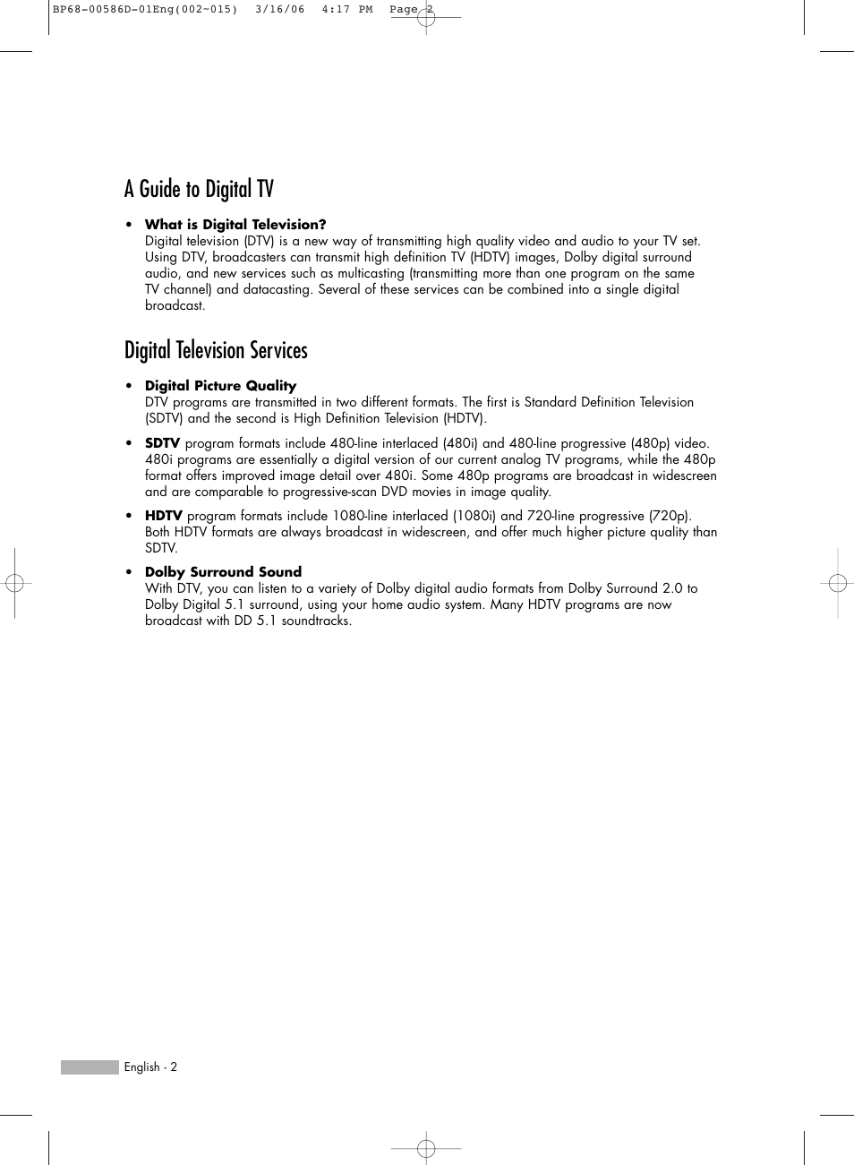 A guide to digital tv, Digital television services | Samsung HLS4266WX-XAA User Manual | Page 2 / 132
