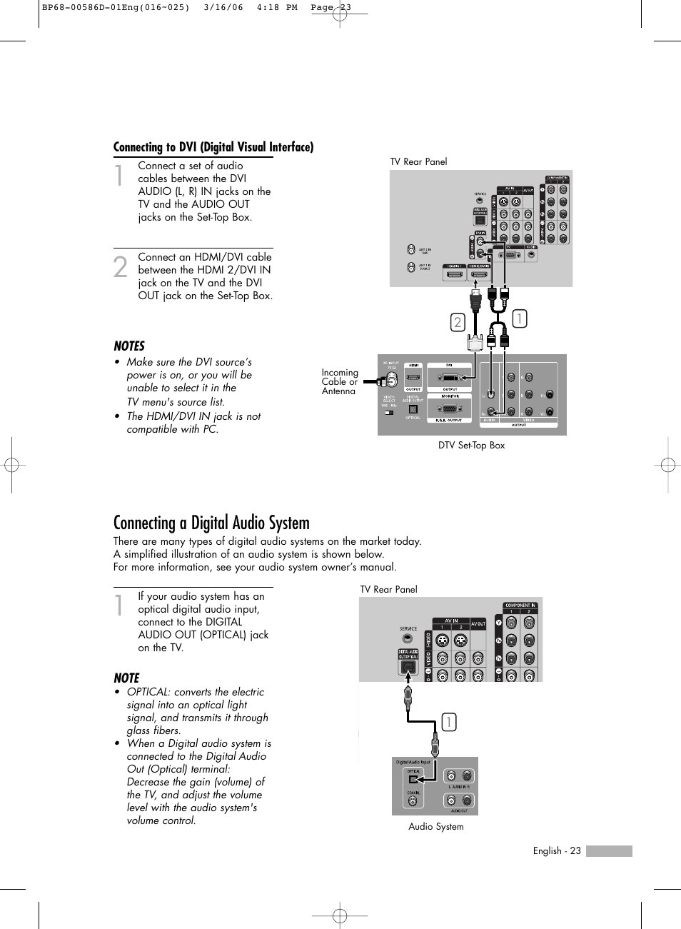 Connecting to dvi(digital visual interface), Connecting a digital audio system | Samsung HLS4266WX-XAA User Manual | Page 23 / 132