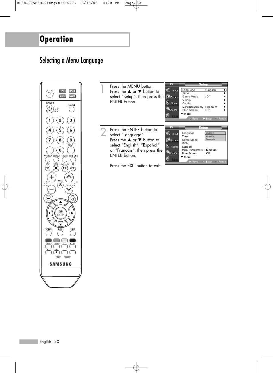 Selecting a menu language, Operation | Samsung HLS4266WX-XAA User Manual | Page 30 / 132