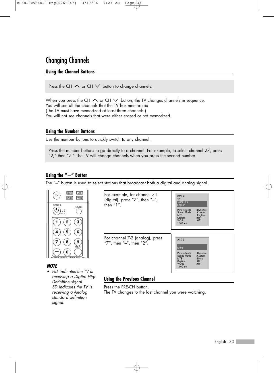 Changing channels, Using the channel buttons, Using the number buttons | Using the “-” button, Using the previous channel | Samsung HLS4266WX-XAA User Manual | Page 33 / 132