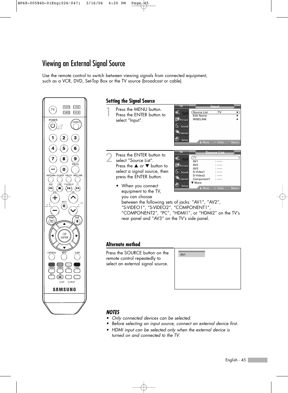 Viewing an external signal source, Setting the signal source, Alternate method | Samsung HLS4266WX-XAA User Manual | Page 45 / 132