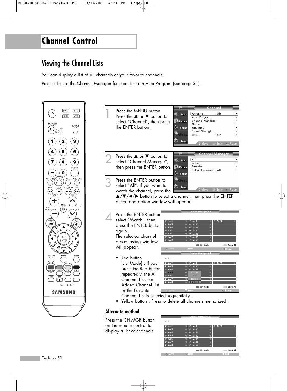 Viewing the channel lists, Channel control, Alternate method | Samsung HLS4266WX-XAA User Manual | Page 50 / 132