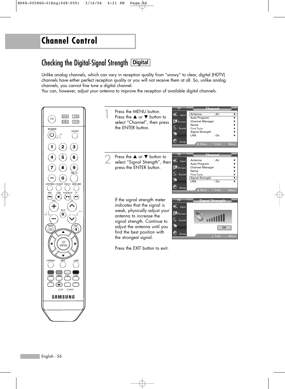 Checking the digital-signal strength-digital, Channel control, Checking the digital-signal strength | Digital | Samsung HLS4266WX-XAA User Manual | Page 56 / 132