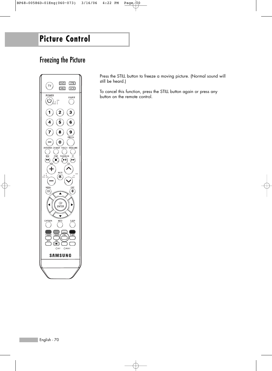 Freezing the picture, Picture control | Samsung HLS4266WX-XAA User Manual | Page 70 / 132