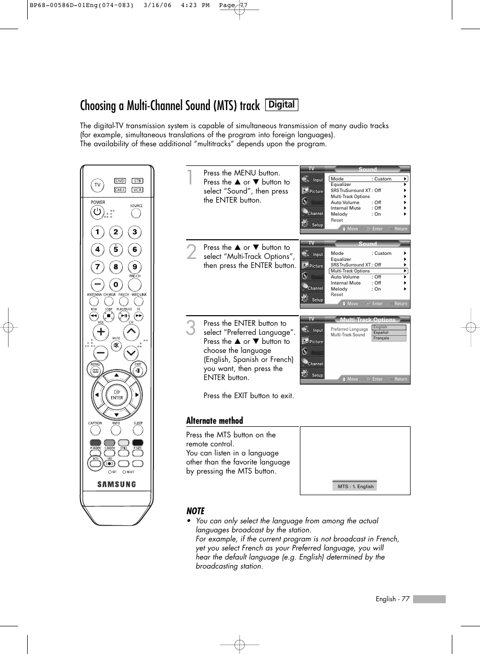 Choosing a multi-channel sound(mts)track-digital, Choosing a multi-channel sound (mts) track, Digital | Alternate method | Samsung HLS4266WX-XAA User Manual | Page 77 / 132