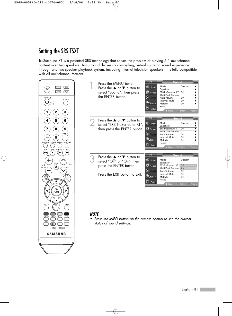 Setting the srs tsxt | Samsung HLS4266WX-XAA User Manual | Page 81 / 132