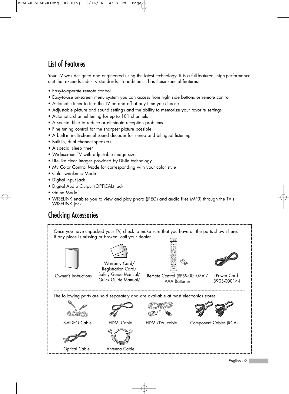 List of features, Checking accessories | Samsung HLS4266WX-XAA User Manual | Page 9 / 132