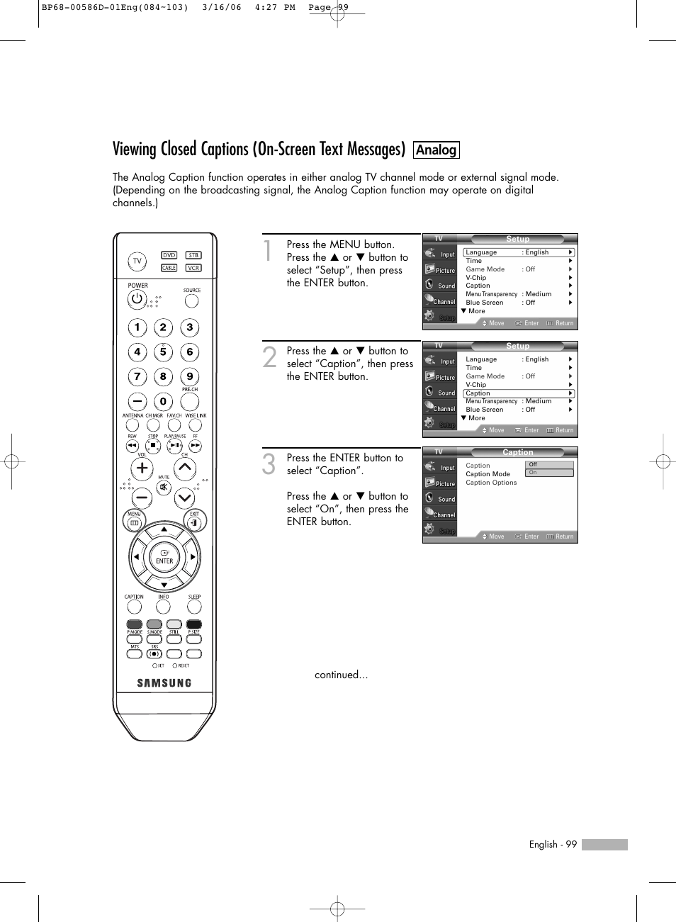 Viewing closed captions (on-screen text messages), Analog | Samsung HLS4266WX-XAA User Manual | Page 99 / 132