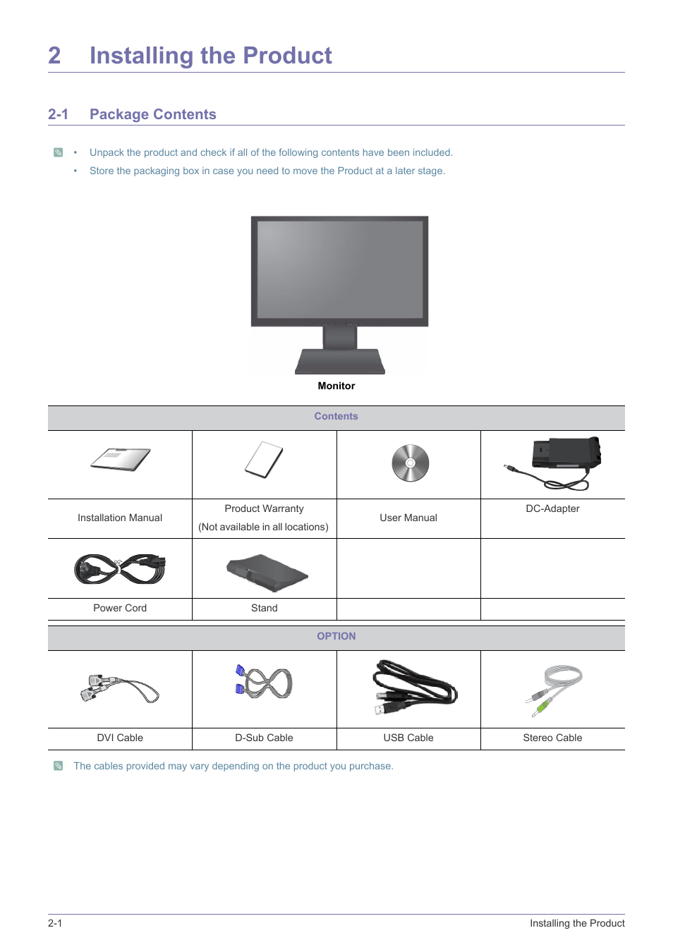 2 installing the product, 1 package contents, Installing the product | Package contents -1, 2installing the product | Samsung LS19A450BWT-ZA User Manual | Page 12 / 104