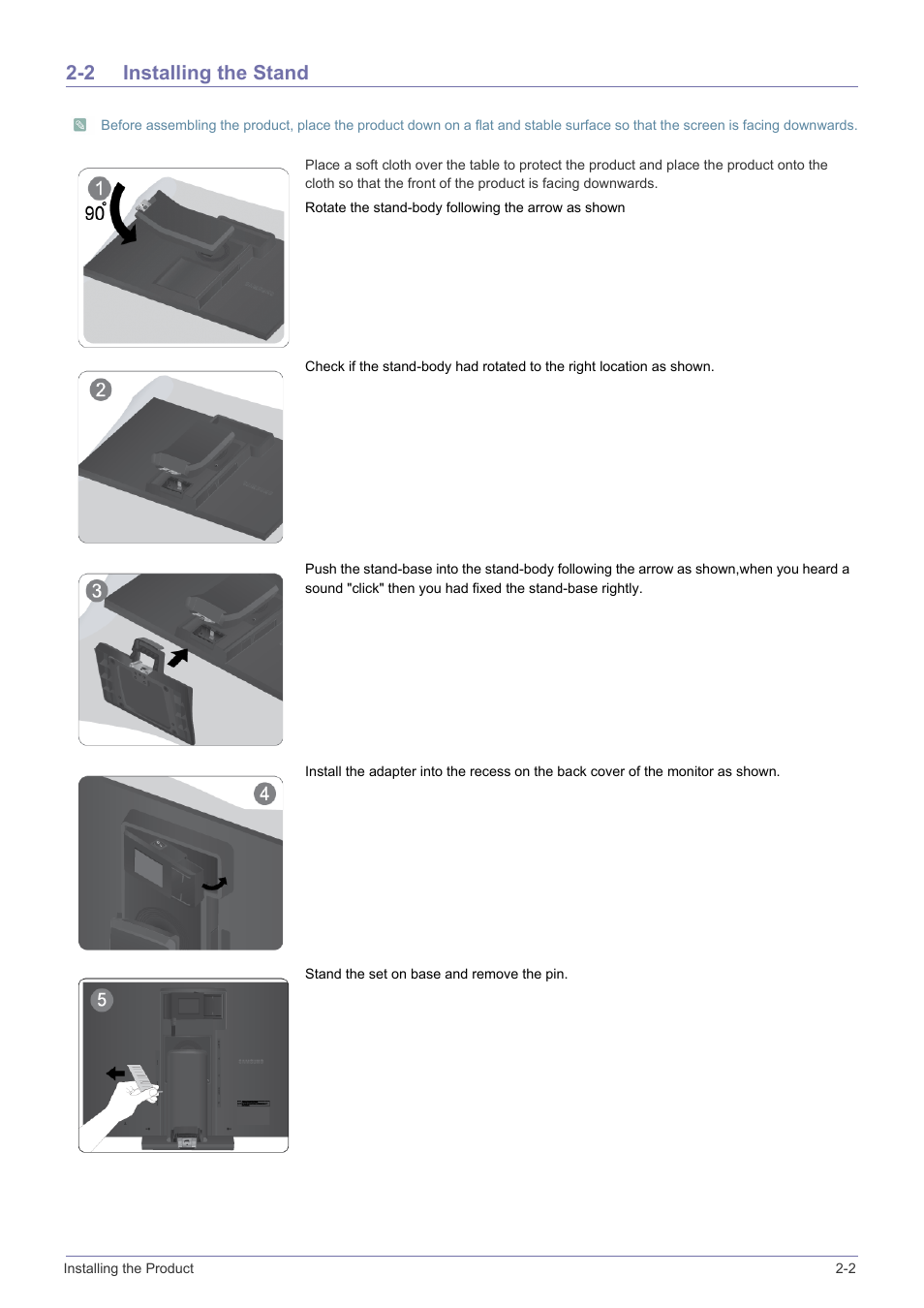 2 installing the stand, Installing the stand -2 | Samsung LS19A450BWT-ZA User Manual | Page 13 / 104