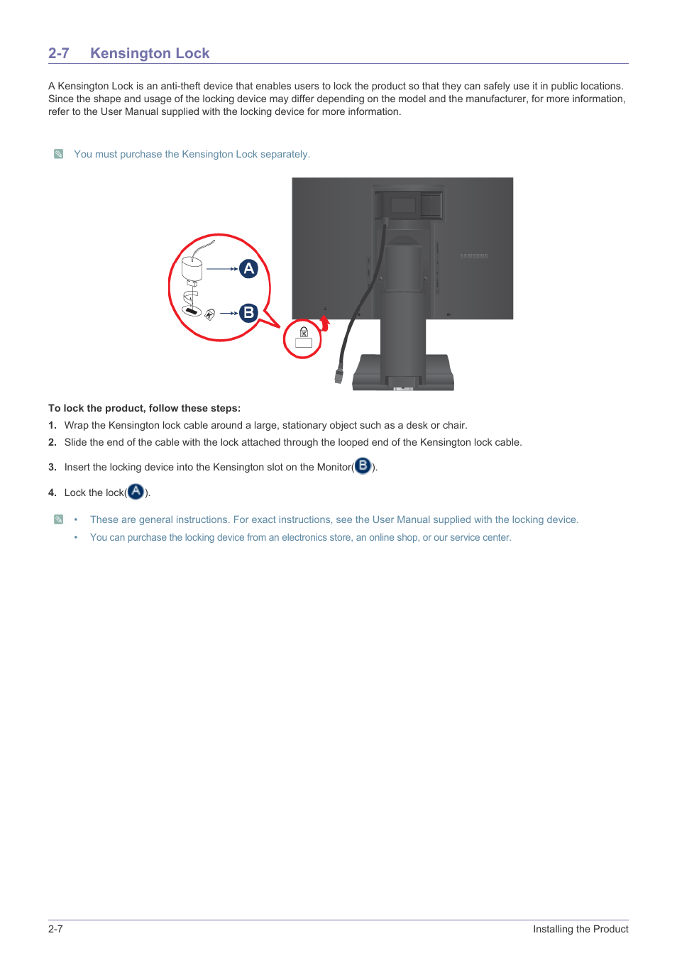 7 kensington lock, Kensington lock -7 | Samsung LS19A450BWT-ZA User Manual | Page 20 / 104