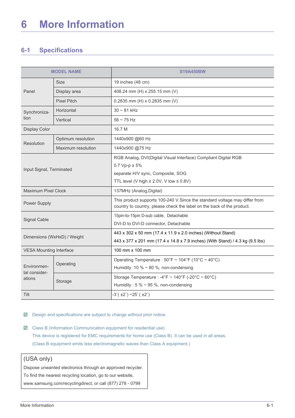 6 more information, 1 specifications, More information | Specifications -1, 6more information, Usa only) | Samsung LS19A450BWT-ZA User Manual | Page 65 / 104