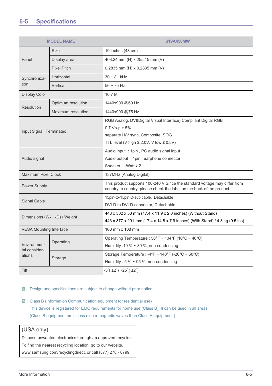 5 specifications, Specifications -5, Usa only) | Samsung LS19A450BWT-ZA User Manual | Page 69 / 104