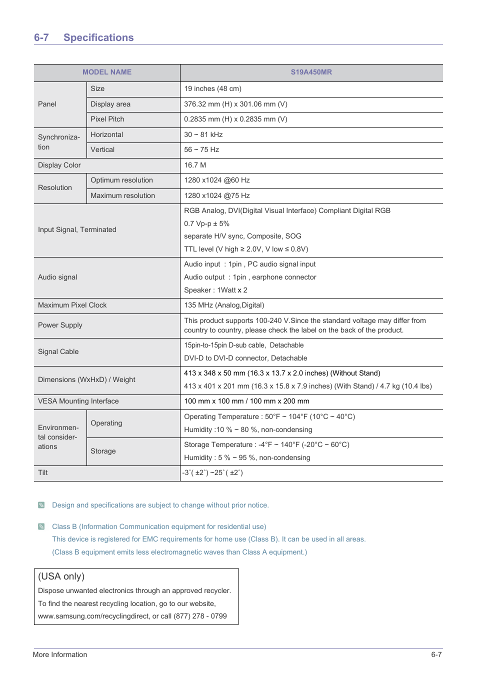 7 specifications, Specifications -7, Usa only) | Samsung LS19A450BWT-ZA User Manual | Page 71 / 104