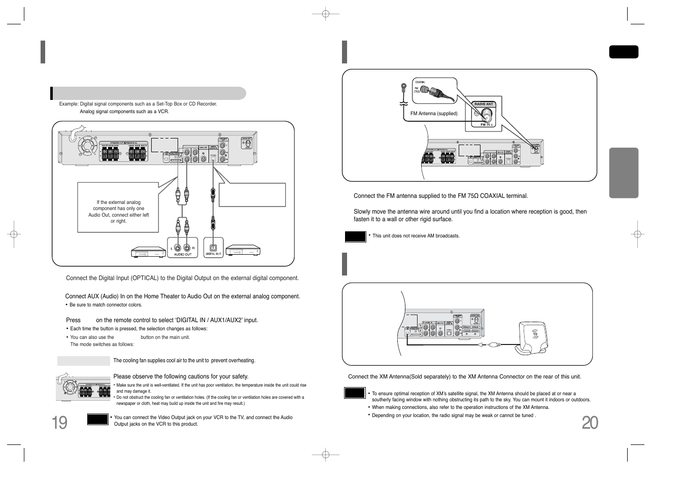 Connecting external components, Connecting the fm antenna, Connecting an optional xm satellite radio antenna | Samsung HT-Q45T-XAA User Manual | Page 11 / 42