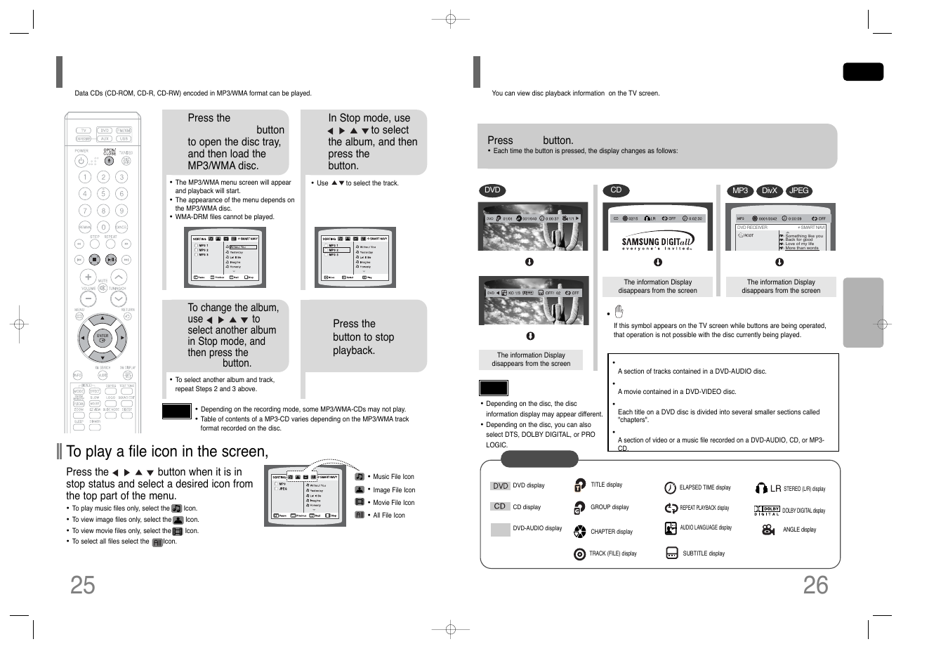 Mp3/wma-cd playback, Displaying disc information | Samsung HT-Q45T-XAA User Manual | Page 14 / 42