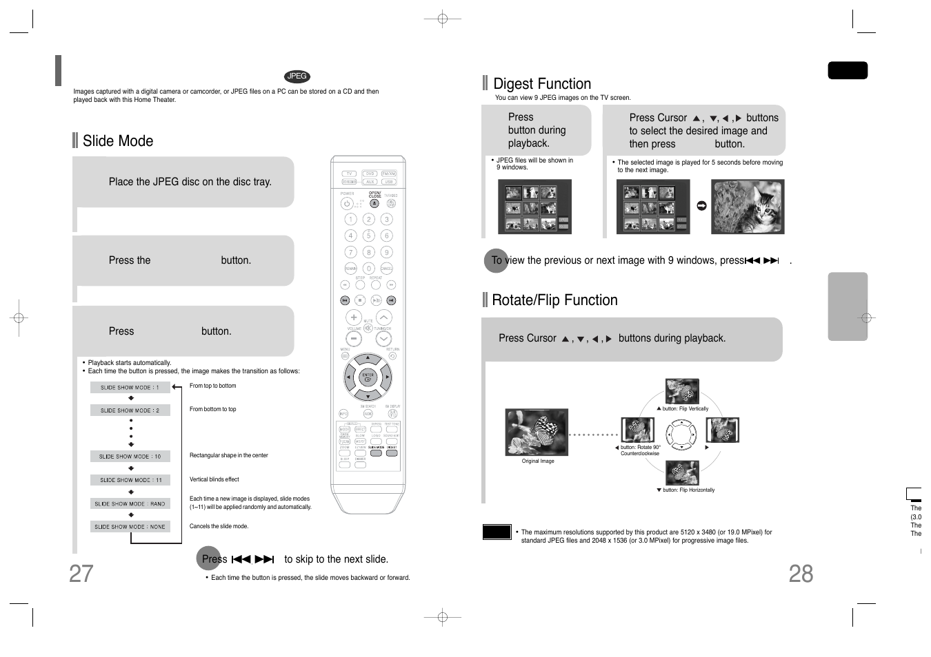 Jpeg file playback, Rotate/flip function, Digest function | Slide mode | Samsung HT-Q45T-XAA User Manual | Page 15 / 42