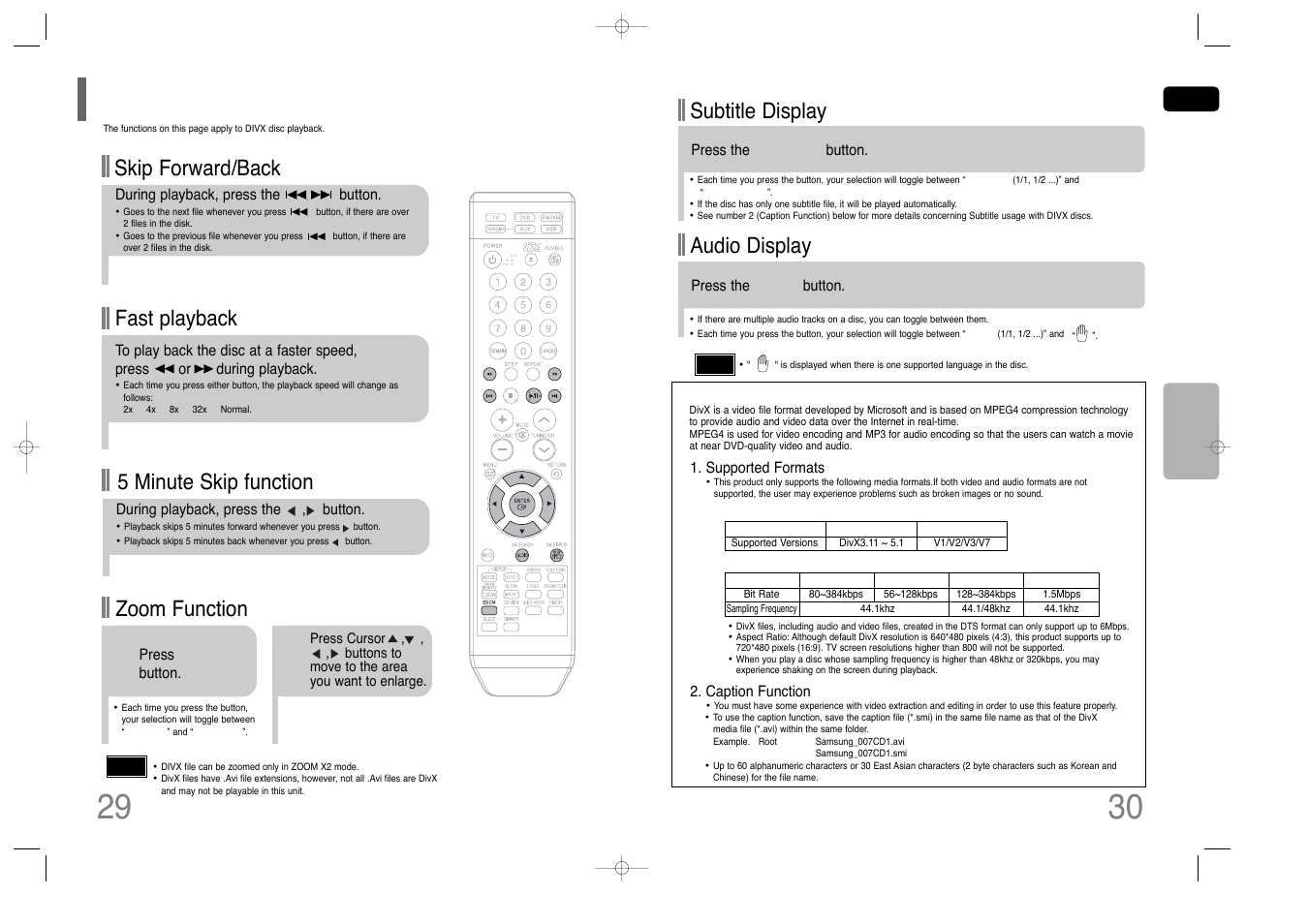 Divx playback, Fast playback, Skip forward/back | Zoom function, 5 minute skip function, Subtitle display, Audio display | Samsung HT-Q45T-XAA User Manual | Page 16 / 42