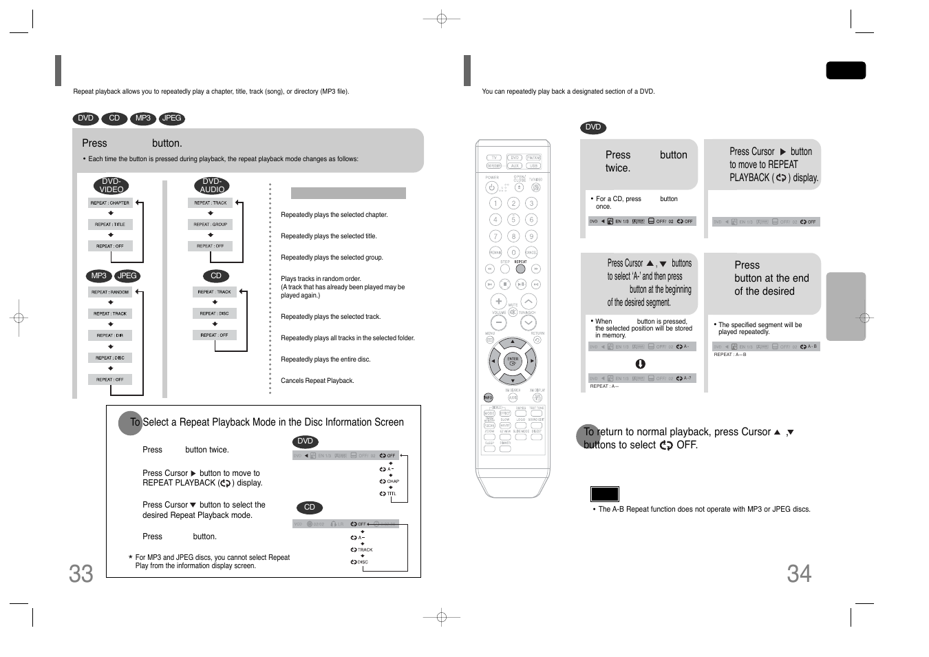 Repeat playback, A-b repeat playback, Repeat playback a-b repeat playback | Samsung HT-Q45T-XAA User Manual | Page 18 / 42