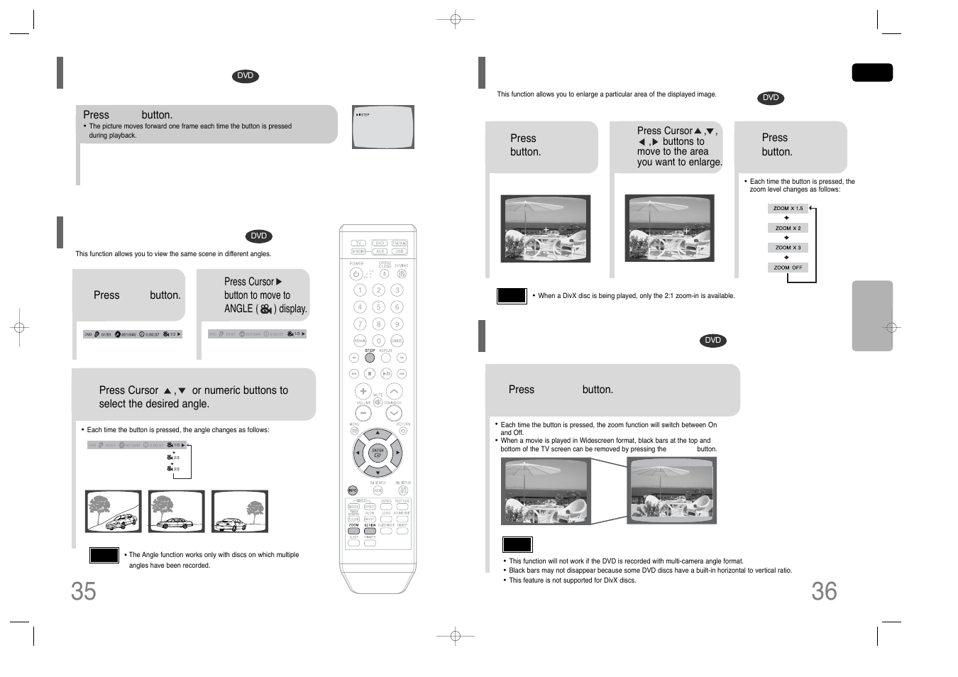 Step function, Zoom (screen enlarge) function, Zoom (screen enlarge) function ez view function | Angle function | Samsung HT-Q45T-XAA User Manual | Page 19 / 42