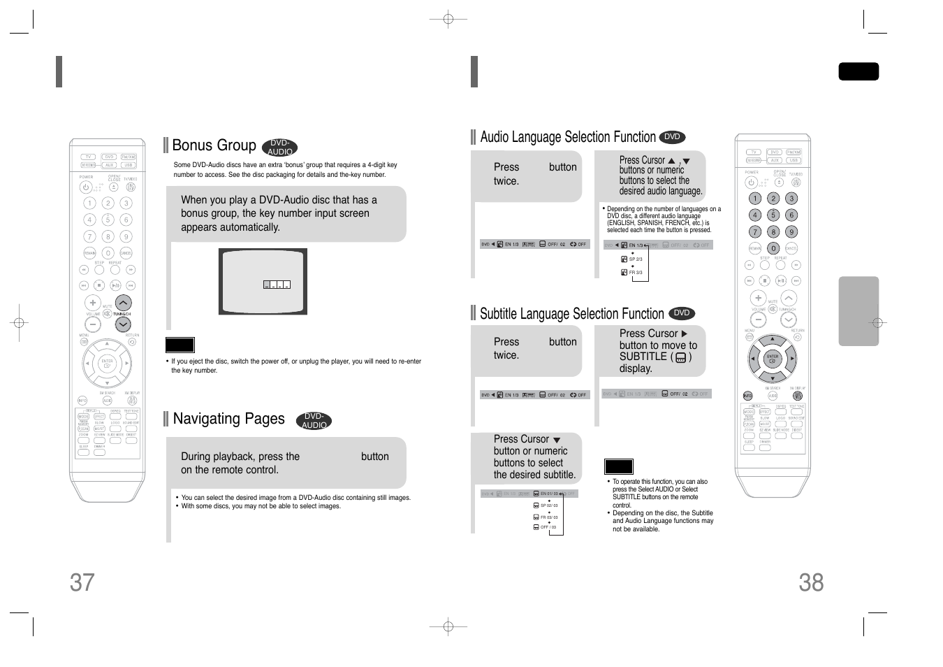 Selecting audio/subtitle language, Bonus group / navigating pages 38 37, Bonus group | Navigating pages, Audio language selection function, Subtitle language selection function | Samsung HT-Q45T-XAA User Manual | Page 20 / 42