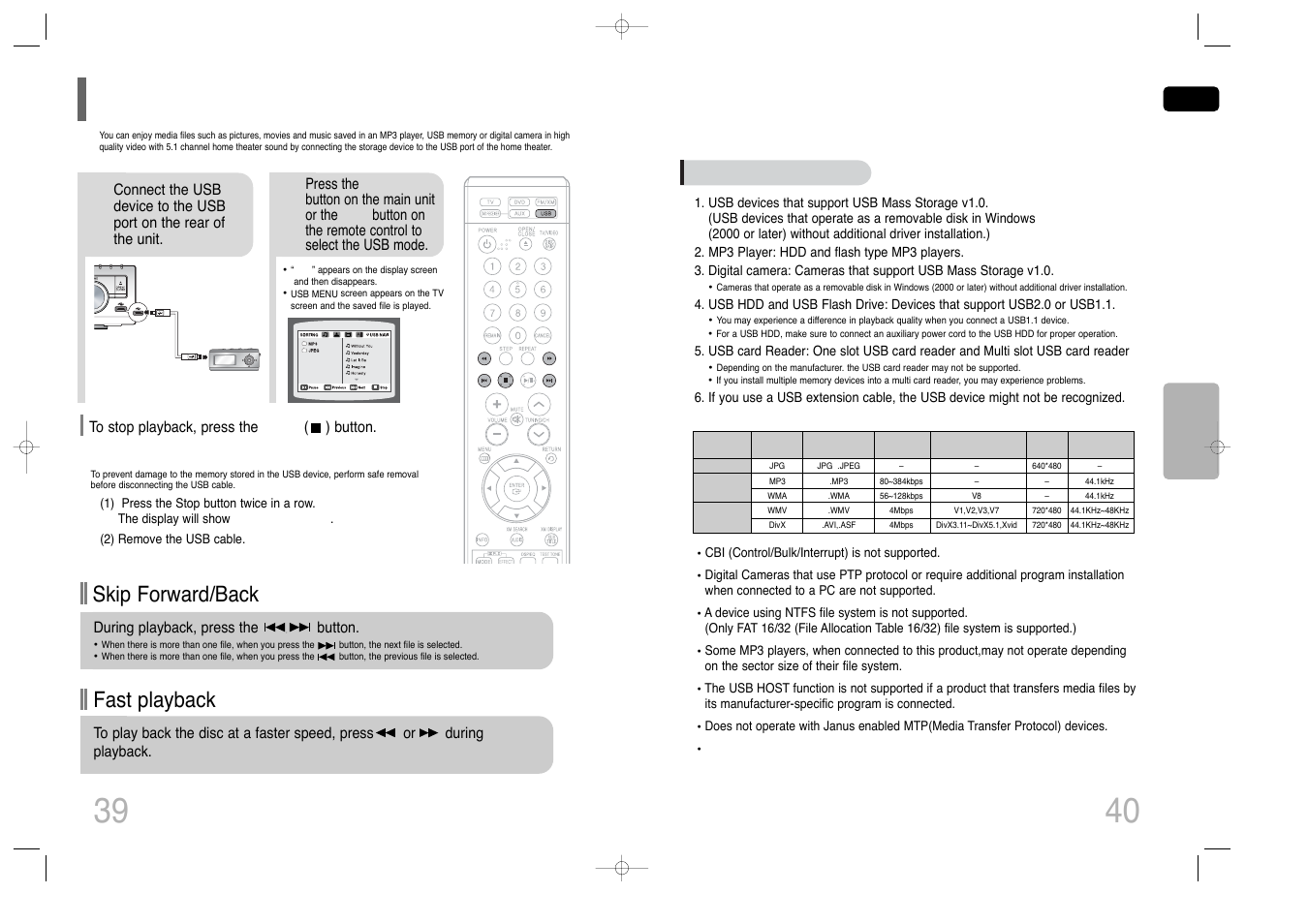 Playing media files using the usb host feature, Fast playback skip forward/back | Samsung HT-Q45T-XAA User Manual | Page 21 / 42