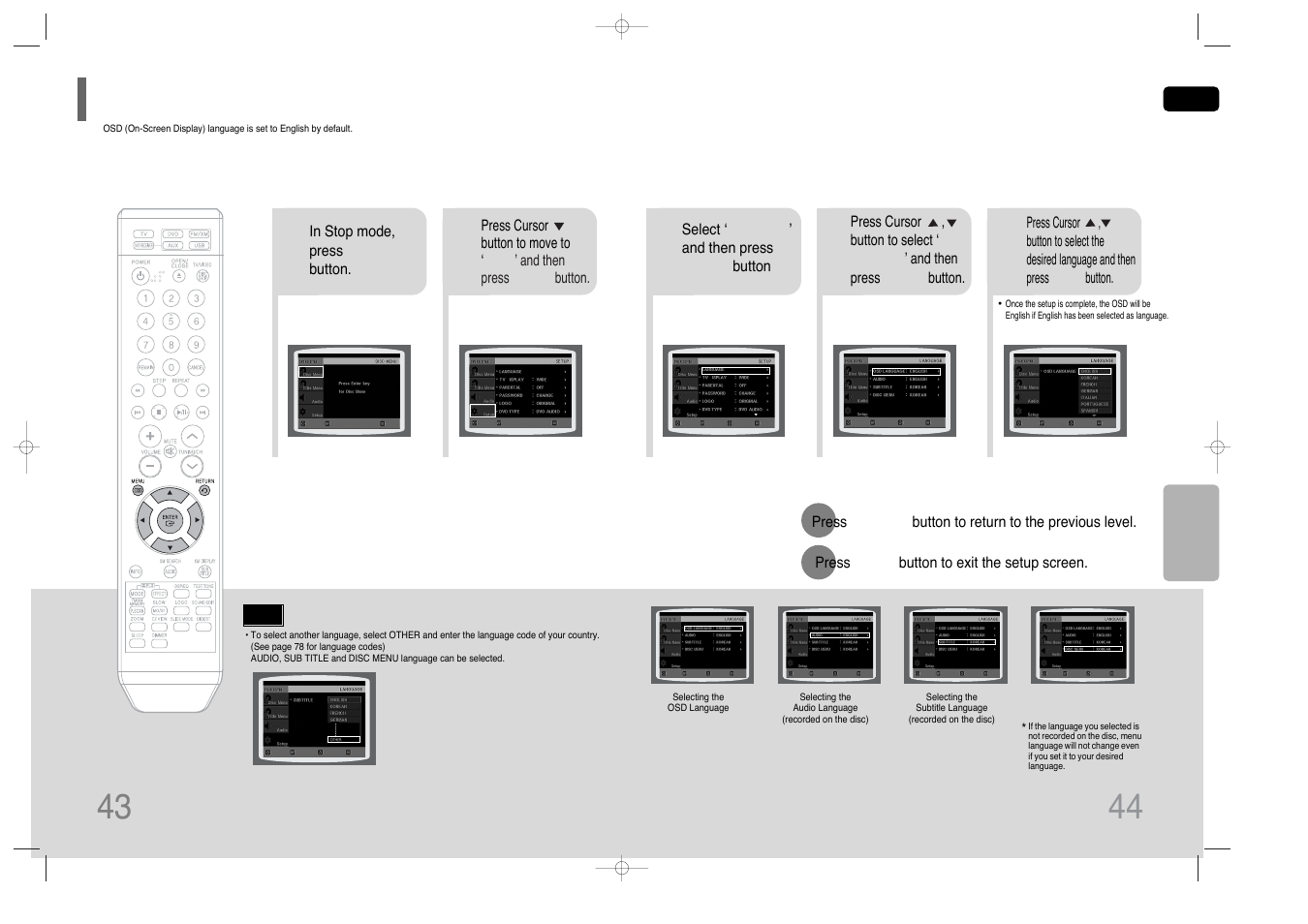 Setup, Setting the language, Setting the language 43 | Samsung HT-Q45T-XAA User Manual | Page 23 / 42