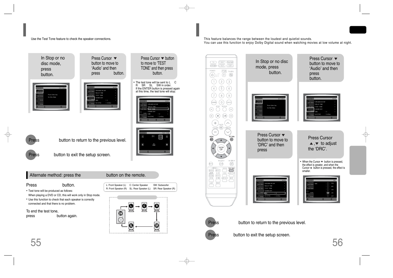 Setting the test tone, Setting the drc (dynamic range compression), Setting the drc | Dynamic range compression) | Samsung HT-Q45T-XAA User Manual | Page 29 / 42