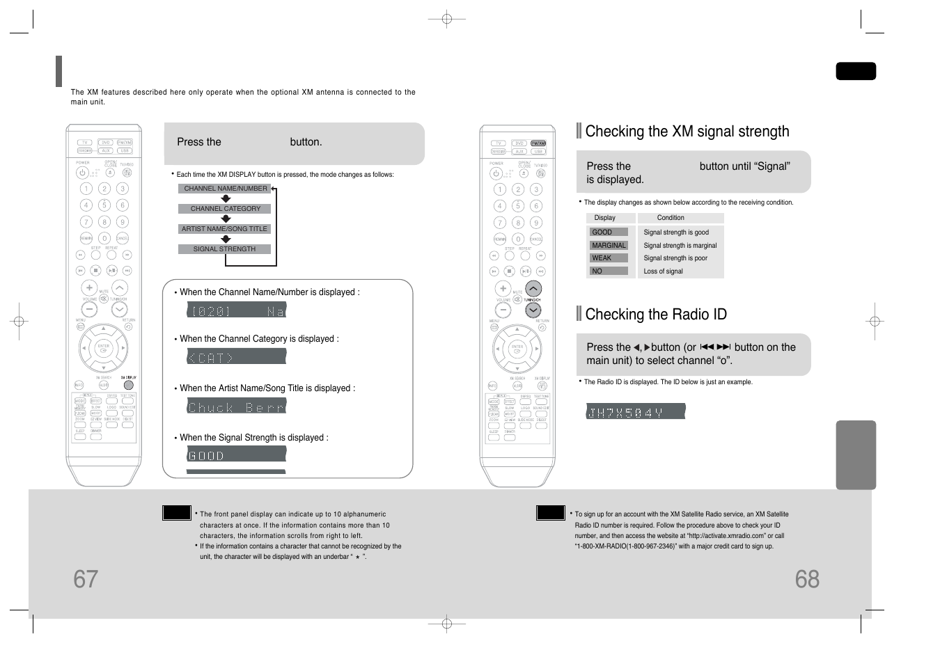 Xm display mode, 67 xm display mode, Checking the xm signal strength | Checking the radio id | Samsung HT-Q45T-XAA User Manual | Page 35 / 42