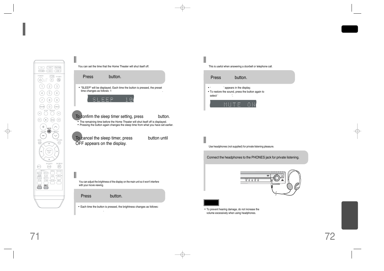 Miscellaneous, Convenient functions, Adjusting display brightness | Sleep timer function, Mute function, Using headphones | Samsung HT-Q45T-XAA User Manual | Page 37 / 42