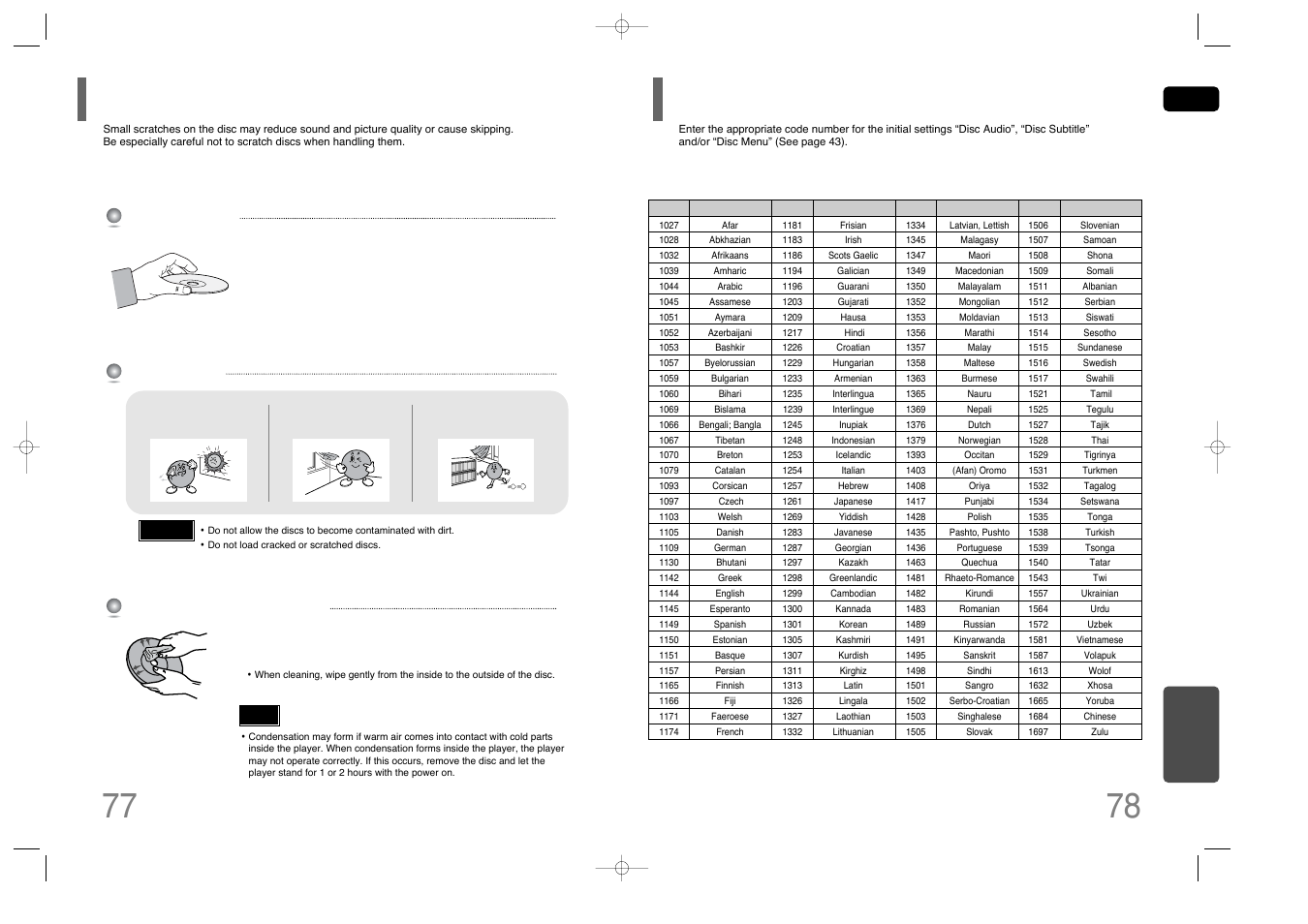 Cautions on handling and storing discs, Language code list, Language code list 77 | Samsung HT-Q45T-XAA User Manual | Page 40 / 42