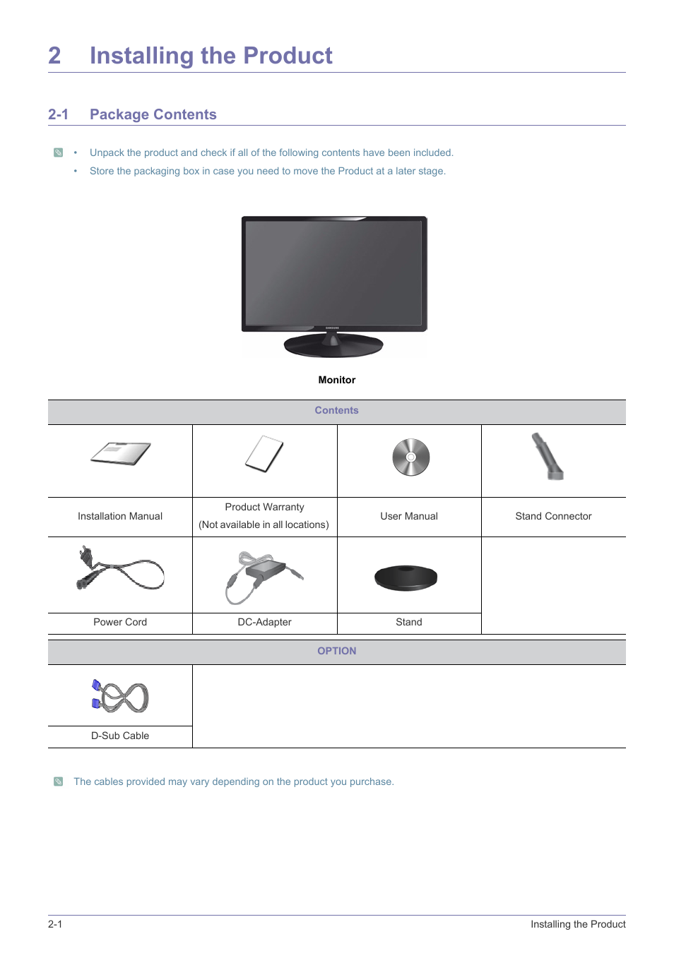 2 installing the product, 1 package contents, Installing the product | Package contents -1, 2installing the product | Samsung LS22A300NS-ZM User Manual | Page 12 / 45