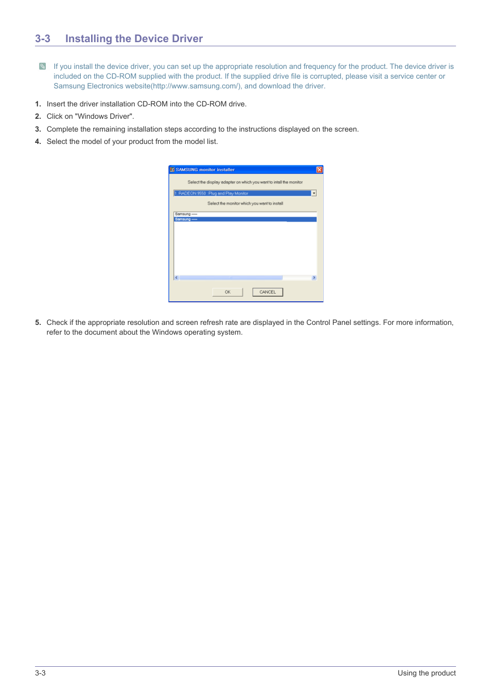 3 installing the device driver, Installing the device driver -3 | Samsung LS22A300NS-ZM User Manual | Page 20 / 45