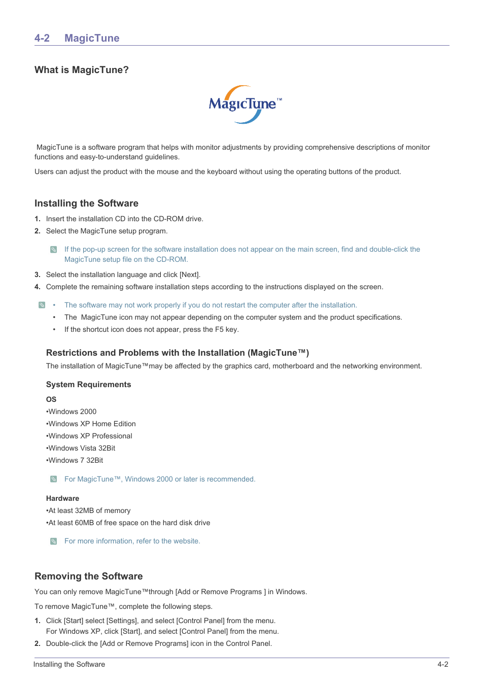 2 magictune, Magictune -2, What is magictune | Installing the software, Removing the software | Samsung LS22A300NS-ZM User Manual | Page 31 / 45