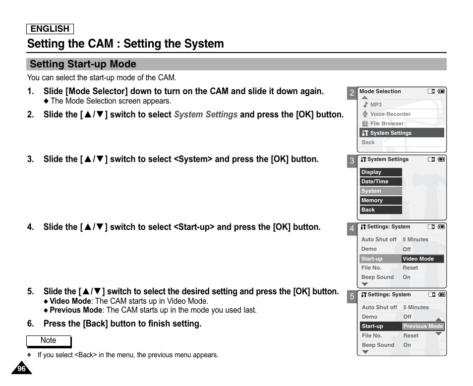 Setting start-up mode, Setting the cam : setting the system, Press the [back] button to finish setting | Samsung SC-X105L-XAA User Manual | Page 100 / 144