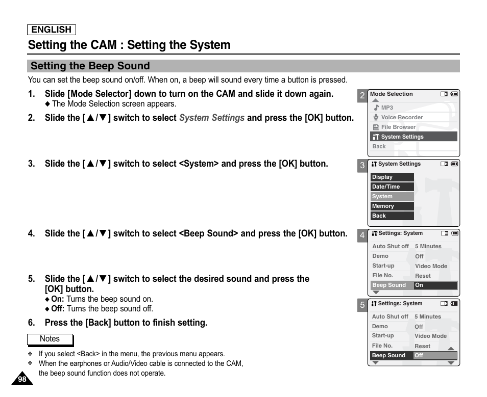 Setting the beep sound, Setting the cam : setting the system, Press the [back] button to finish setting | Samsung SC-X105L-XAA User Manual | Page 102 / 144