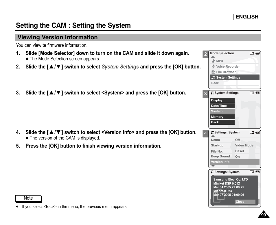 Viewing version information, Setting the cam : setting the system | Samsung SC-X105L-XAA User Manual | Page 103 / 144