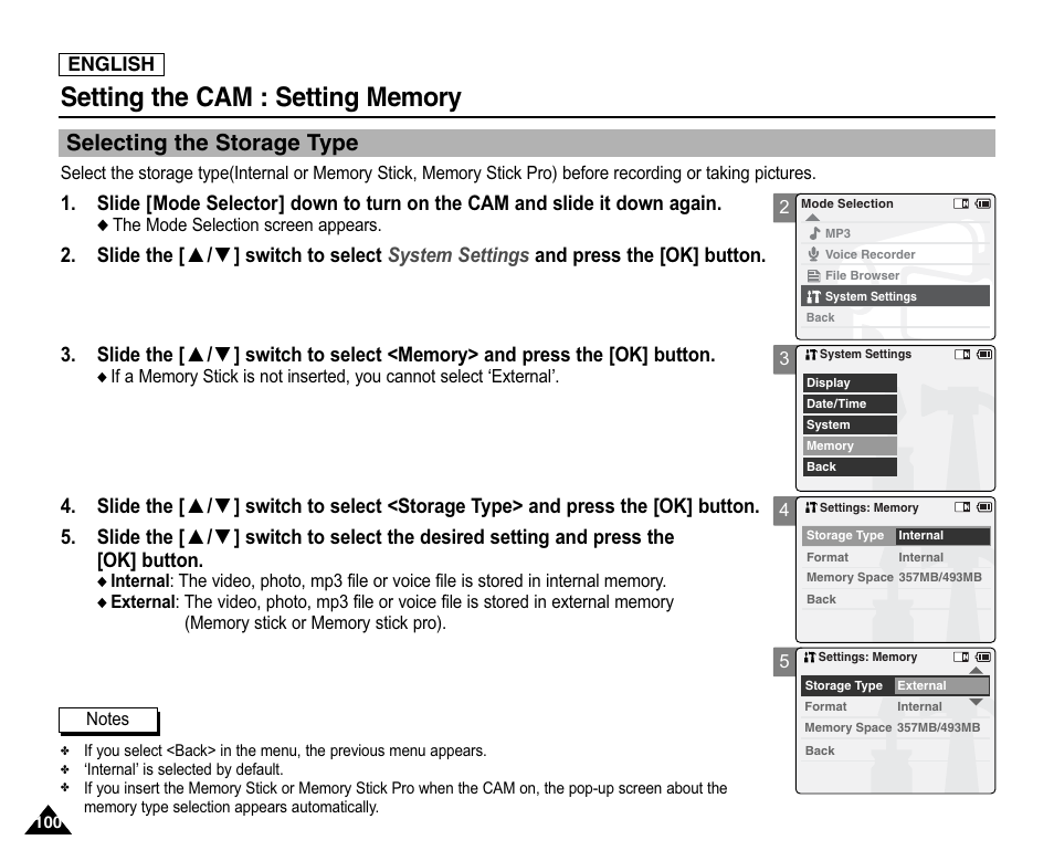 Setting memory, Selecting the storage type | Samsung SC-X105L-XAA User Manual | Page 104 / 144