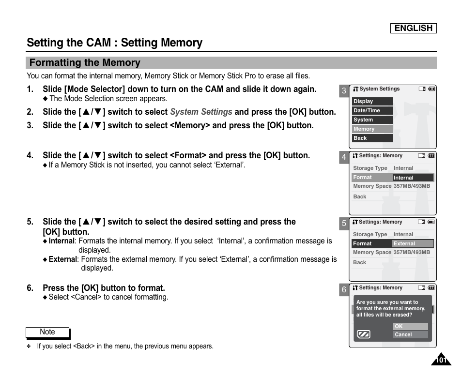 Formatting the memory, Press the [ok] button to format | Samsung SC-X105L-XAA User Manual | Page 105 / 144