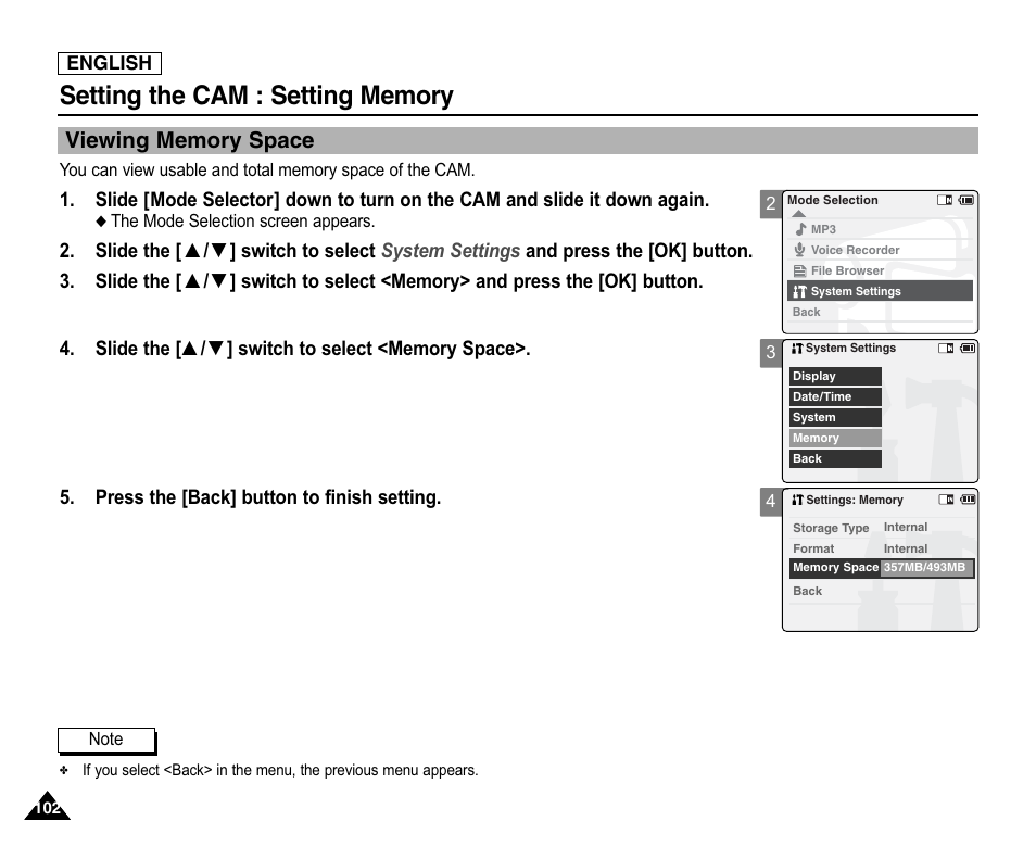 Viewing memory space | Samsung SC-X105L-XAA User Manual | Page 106 / 144