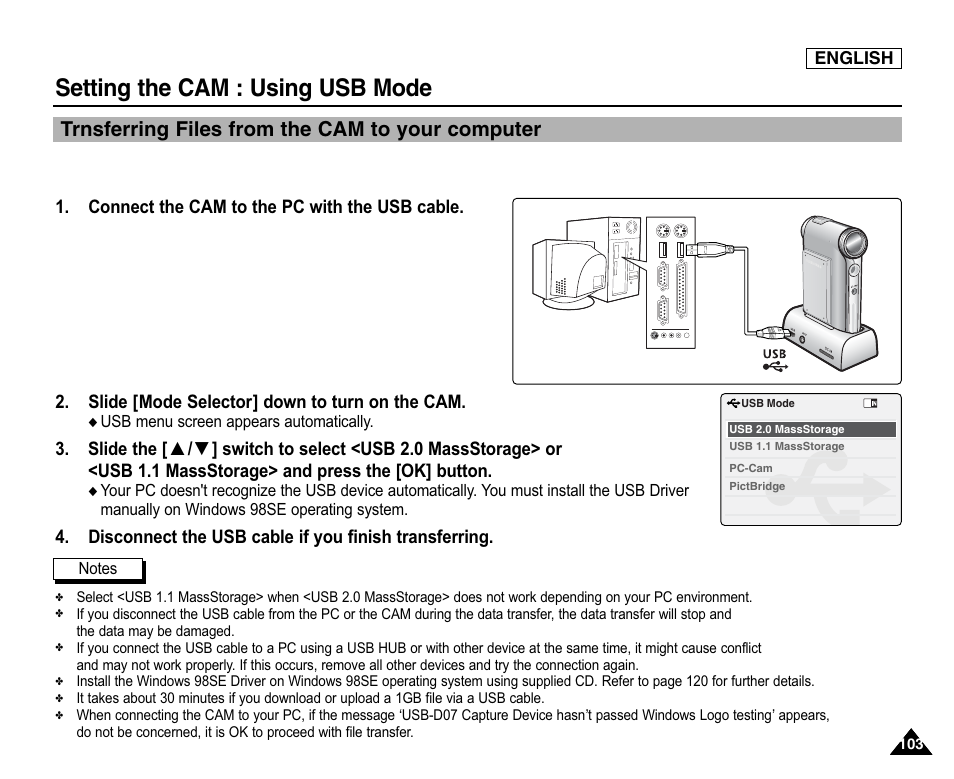 Using usb mode, Transferring files from the cam to your computer, Setting the cam : using usb mode | Trnsferring files from the cam to your computer | Samsung SC-X105L-XAA User Manual | Page 107 / 144