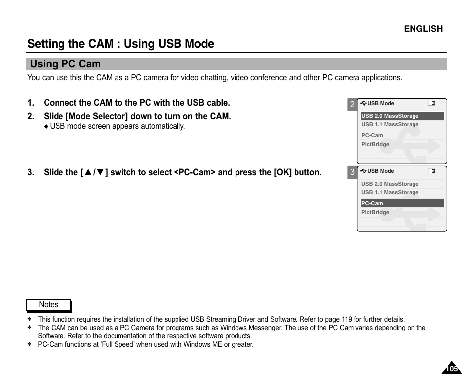 Using pc cam, Setting the cam : using usb mode | Samsung SC-X105L-XAA User Manual | Page 109 / 144