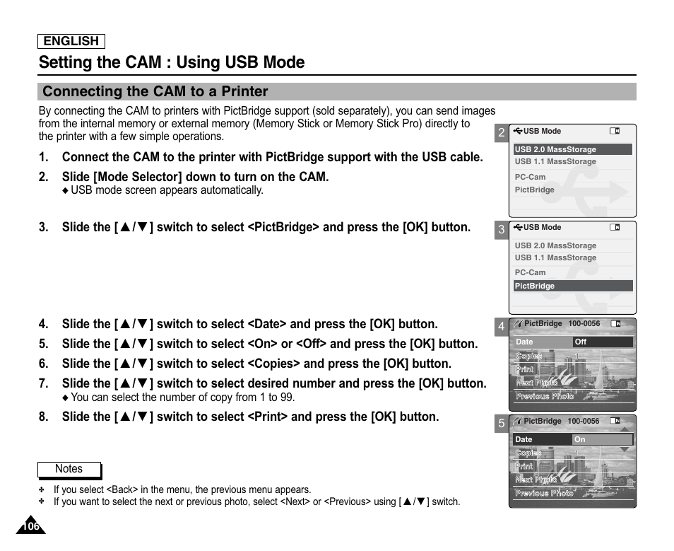 Connecting the cam to a printer, Setting the cam : using usb mode | Samsung SC-X105L-XAA User Manual | Page 110 / 144