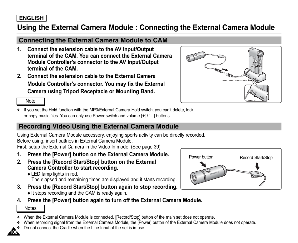 Connecting the external camera module, Connecting the external camera module to cam, Recording video using the external camera module | Samsung SC-X105L-XAA User Manual | Page 112 / 144